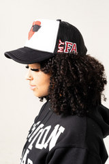 MYFA SnapBack Trucker Hat: Black & White Foam Front/Red Logo