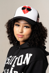 MYFA SnapBack Trucker Hat: Black & White Foam Front/Red Logo