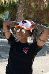 MYFA SnapBack Trucker Hat: Orange/Red Logo