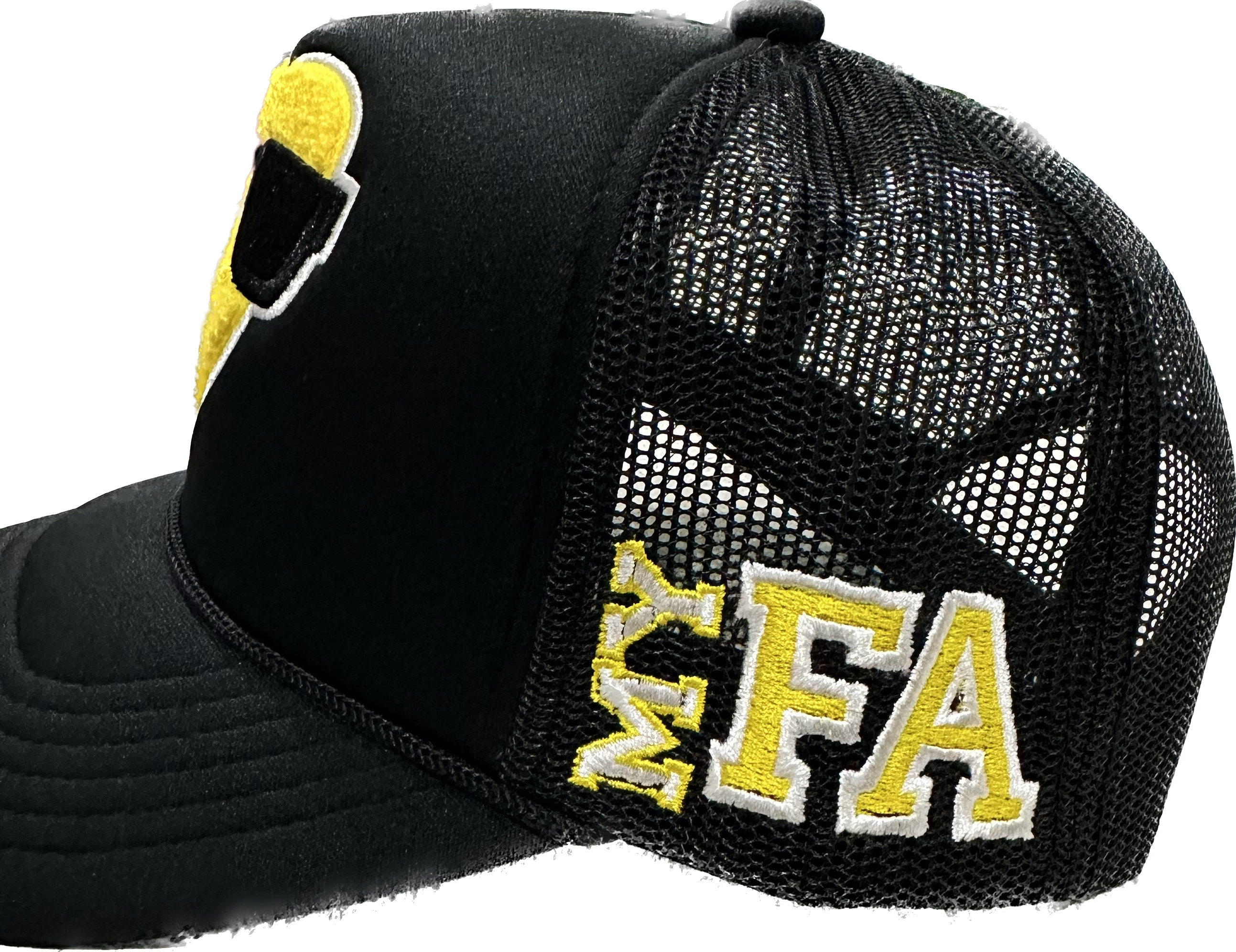 MYFA SnapBack Trucker Hat: Black/Yellow Logo