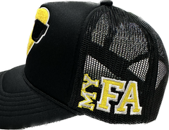 MYFA SnapBack Trucker Hat: Black/Yellow Logo